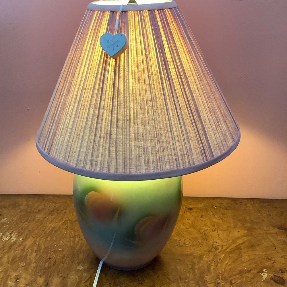 Judith Stiles Signed  Ceramic 18.5” Table Lamp Pink  Pastel With Fabric Shade